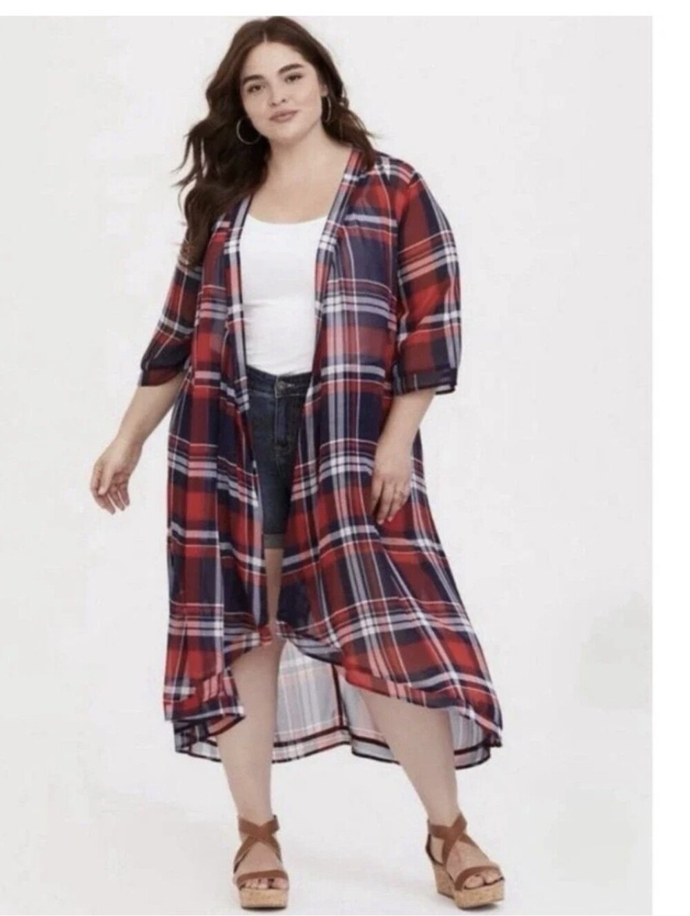Torrid Women's Red Plaid 1/2 Sleeves Open-Front Kimono Size 3/4